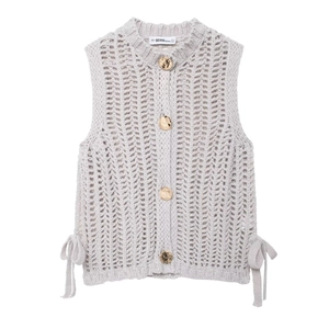 Women Retro Hollow Out Knitted Vest Casual Sleeveless Sweater Top With Gold Hammered Buttons And Side Bow Ties Light Gray