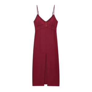 Robe midi bordeaux en mélange de lin avec bordure en dentelle et fente frontale