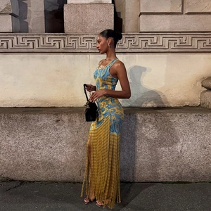 Ärmelloses Damenkleid mit Paisley-Print und langen Fransen am Saum für Damen