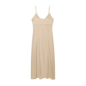 Robe midi minimaliste en mélange de lin crème à fines bretelles et col en V