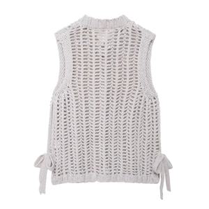 Women's vintage light grey chunky hollow knit vest with side self-tie bow details