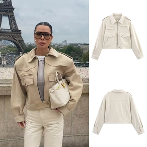 Women Fashion Faux Suede Short Jacket Utility Coat Loose Fit Lapel Long Sleeve Outerwear Autumn Spring Beige Cream Top