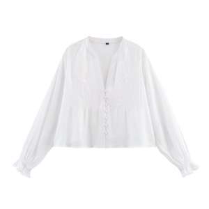 Women's white long sleeve embroidered blouse with V-neck and hollow-out detailing