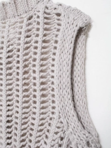 Detail of light gray chunky knit vest showing hollow vertical patterns and ribbed collar