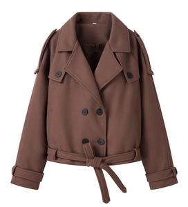 Detailed view of brown wool blend cropped coat featuring double-breasted buttons and belt