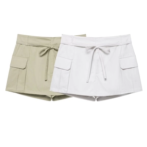 Jupe-Short Cargo Femme Taille Haute Casual Couleur Unie Short Avec Ceinture À Nouer Et Poches À Rabat Streetwear Sexy