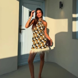 Women Halter Mini Dress Geometric Circle Print Faux Feather Trim Sleeveless Loose A-Line Satin Dress For Party Vacation