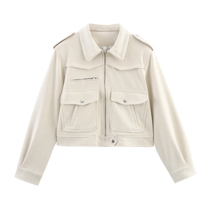 Women's off-white faux suede jacket with notched lapel and military shoulder straps