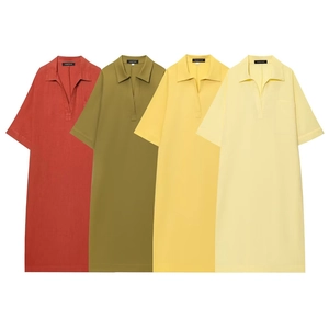 Abito da Donna Casual in Lino e Cotone con Scollo a V Polo Manica Corta Abito Midi Dritto Con Tasche Elegante Tinta Unita Estate