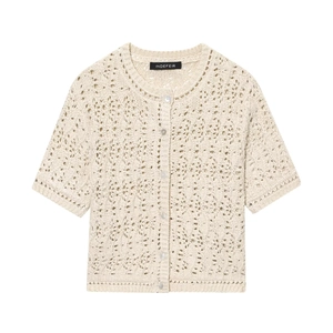 Women Casual Hollow Out Crochet Knit Cardigan Round Neck Short Sleeve Button Front Creamy White French Vintage Sweater Top
