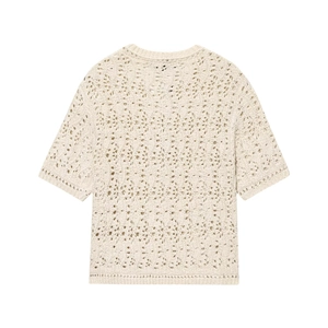 Chic beige openwork knit top with intricate floral pattern and round neck