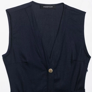 Navy blue sleeveless V-neck linen midi dress with vintage gold button and waist belt
