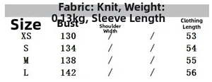 Size chart for satin textured pleated top showing knitting fabric weight and dimensions