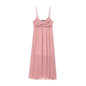 Detail of pink midi dress featuring twist-knot neckline and delicate ring strap accents