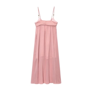 Pink midi slip dress featuring gathered bust detail and metallic rings on the thin straps