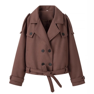 Women's dark brown short wool coat with double-breasted buttons and waist belt