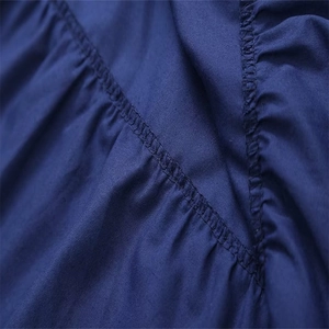 Détail de la robe à volants bleu marine montrant les coutures et la texture froncée