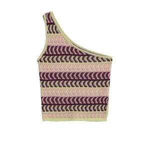 Detailed knit texture of one-shoulder crop top with colorful wave geometric pattern
