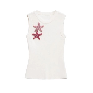 White sleeveless knit tank top with pink sequined starfish patch decorations