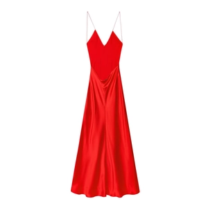 Elegantes rotes Satin-Maxikleid mit dünnen Trägern, tiefem V-Ausschnitt und Rückenausschnitt