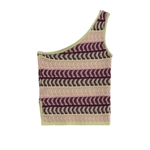 Detail of colorful striped asymmetric one-shoulder knit top with wave texture
