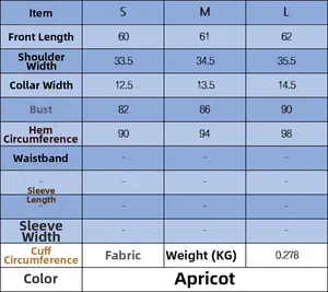 Tableau des tailles détaillé pour ensemble haut en tricot et jupe en coton mercerisé abricot