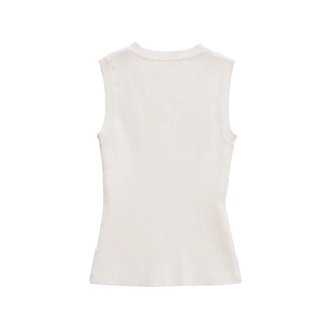 Beige sleeveless star-embossed ribbed knit tank top for women shown from back view