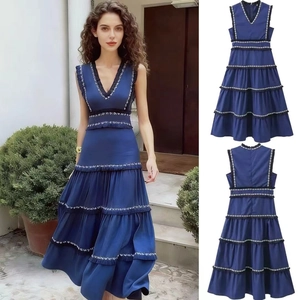 Robe Maxi à Étages Bohème Sans Manches Col en V pour Femmes Bleu Marine Bordure à Glands Broderie Géométrique Robe Longue