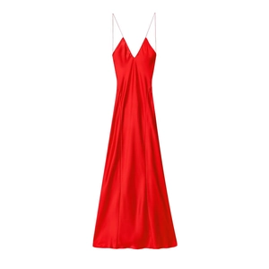 Damen Rotes Satin Rückenfreies Slipkleid Sexy V-Ausschnitt Spaghettiträger Midilanges Kleid Elegantes Abendparty Clubkleid