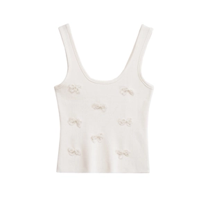 Women French Style Ribbed Knit Tank Top With Artificial Pearl Bow Decorations U-Neck Wide Strap Sleeveless Slim Fit Summer Cami Vest