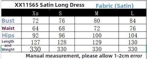 Detailed size chart for the silk satin maxi dress featuring XS to L measurements