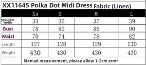 Size chart table for linen polka dot midi dress with detailed body measurements