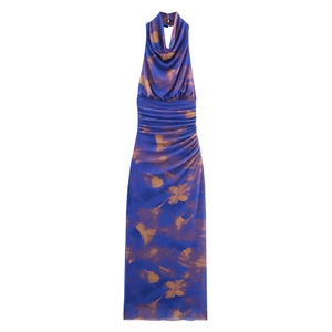 Robe Maxi en Maille Fleurie à Dos Nu pour Femme Élégante Sans Manches Plissé Moulante Robe Longue pour Fête Club Vacances