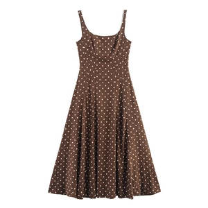 Detailed view of the dark brown polka dot midi dress showing wide straps and square neck