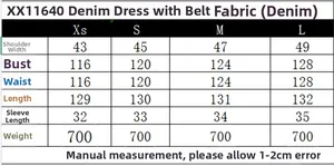 Detailed size chart for denim short sleeve dress with belt measurements and specifications