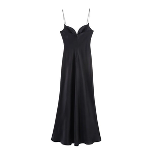 Detail of elegant black satin maxi dress showing V-neck design and silk-like texture