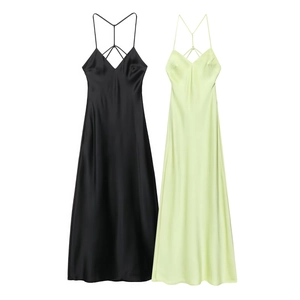 Elegant satin midi dress with cross back straps in black and lime green colors