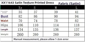 Tableau des tailles détaillé pour la robe longue en satin à fleurs de la taille XS à L