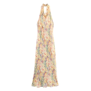 Women Elegant Floral Print Halter Neck Maxi Dress Backless Sleeveless Chiffon Texture A-Line Long Dress For Summer Vacation