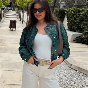 Modern dark green tweed short jacket with metallic buttons and zipper for women
