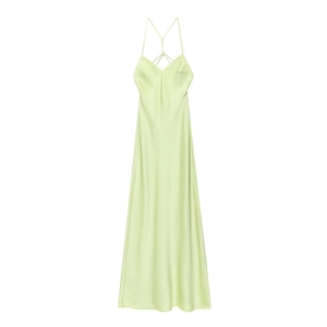 Elegant light green satin slip midi dress with a V-neck and crisscross back straps