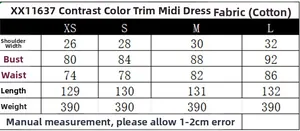 Size chart table for the polka dot midi dress with bust and length measurements
