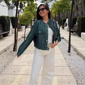 Elegant dark green tweed jacket with metallic buttons and classic round neck for women
