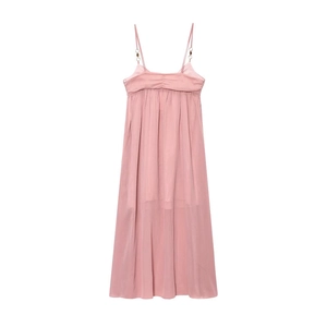 Elegant pale pink midi slip dress with thin straps and metallic ring details