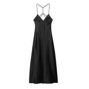 Elegant black satin midi dress with cross-back spaghetti straps and V-neckline