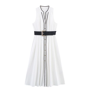 White sleeveless poplin midi dress with black contrast piping and belted pleated skirt