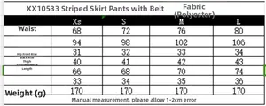 Detailed size guide table for striped skorts with belt including waist and length data