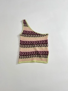 Close-up of asymmetric knit tank top featuring colorful wavy texture and stripes