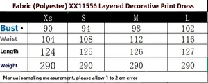 Größentabelle für gestuftes bedrucktes Kleid XX11556 mit Maßen von XS bis L in Zentimetern