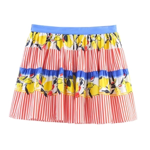 Women's 2025 spring two-piece set featuring lemon floral print top and layered mini skirt